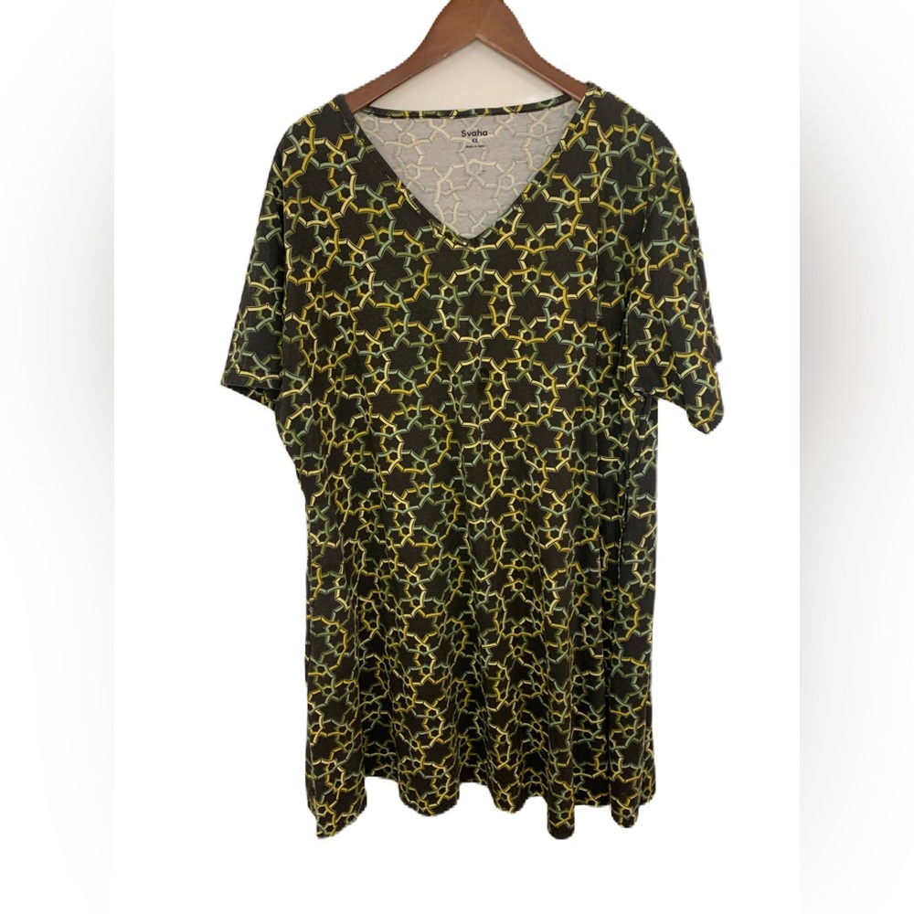 Svaha Geometric Print Dress 4X Black Yellow Green Organic Cotton Pockets Stretch